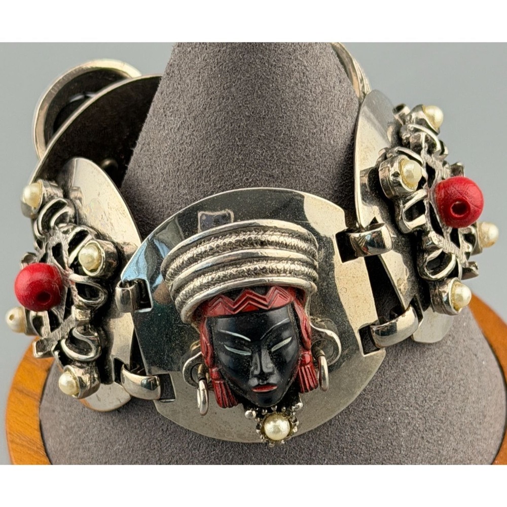 Vintage Mask Link Bracelet Silver Tone Black Face Mask Statement Boho 7.5"